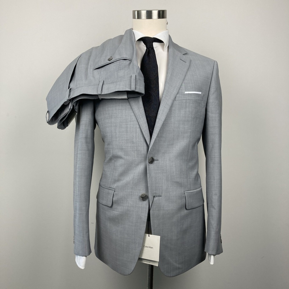 Calvin Klein Men's 2-pc Slim Fit Suit Jacket 42R Pants 36W 30L 100%Wool Grey